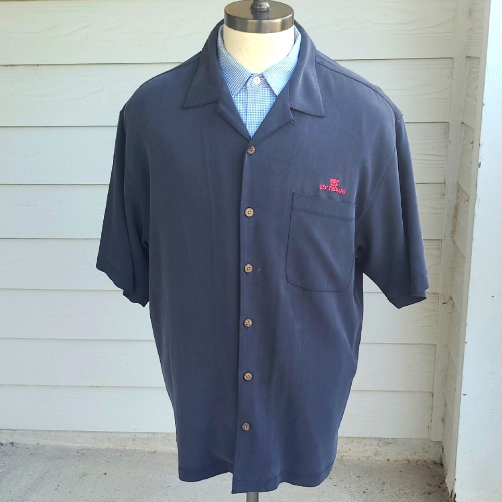TOMMY BAHAMA USC Collegiate Embroidered Grey Silk Sz L‎ Mens Short Sleeve Shirt